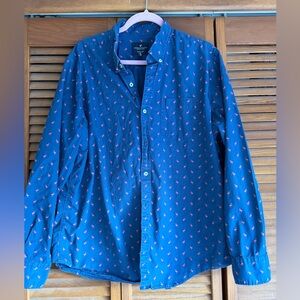 American Eagle Blue Pink Flamingo Long Sleeve Button Up Shirt Mens size Large